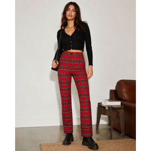 Brandy Melville Pants - NWT Brandy Melville John Galt Red Blue Green Plaid High Rise Kim Pants Christmas
